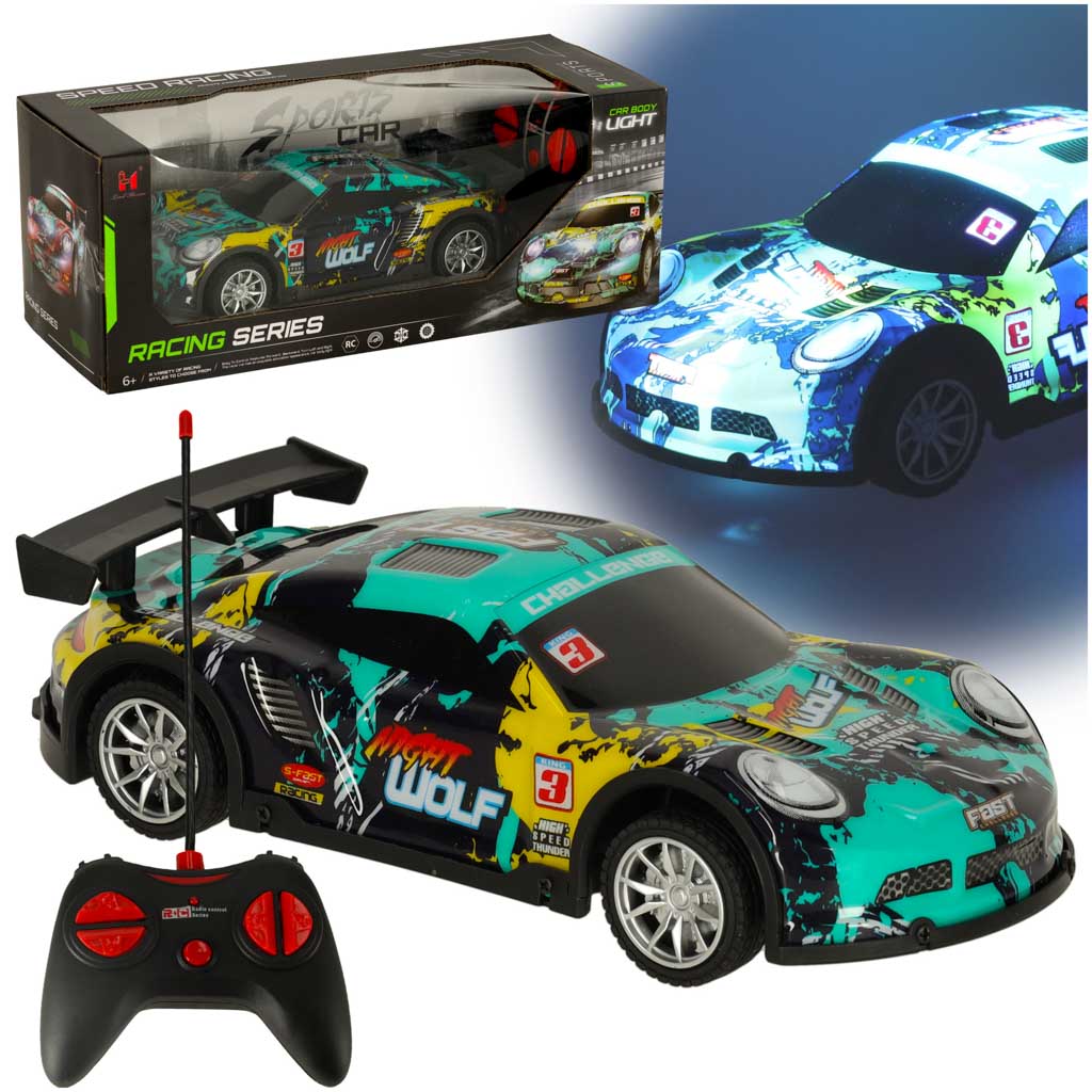 RC športové auto modré a zelené – diaľkovo ovládané auto so svetelnými efektmi