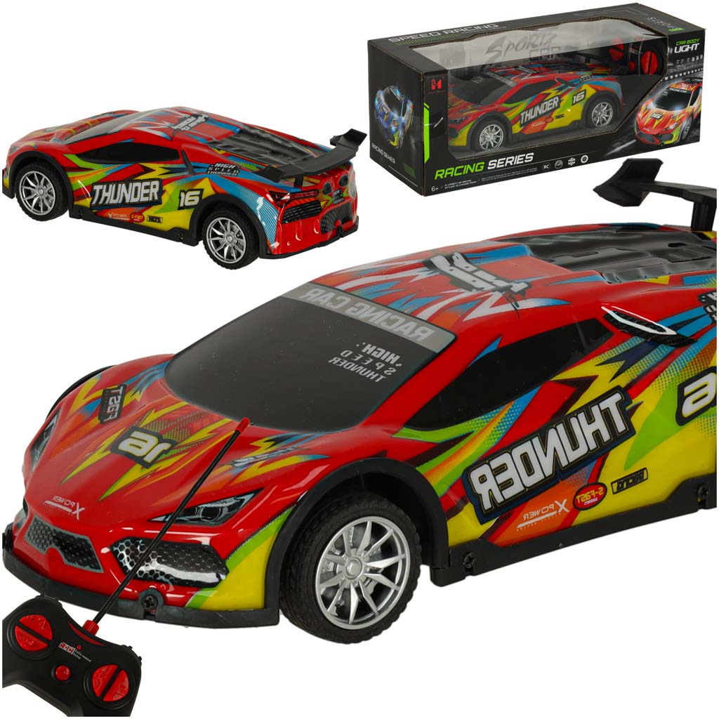 RC športové driftovacie auto na diaľkové ovládanie s LED svetlami – červené pretekárske auto