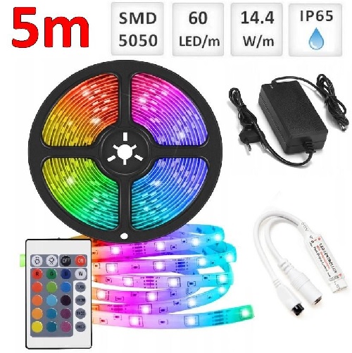 Sada 5m RGB LED pásik 60 SMD5050/m, 14.4W/m, IP65 + zdroj + RGB ovládač