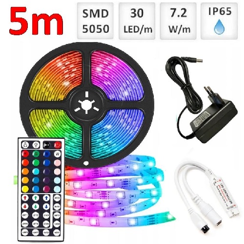 Sada 5m RGB LED pásik vodeodolný 30 SMD5050/m, 7.2W/m, IP65 + zdroj + RGB ovládač 44 tlač.