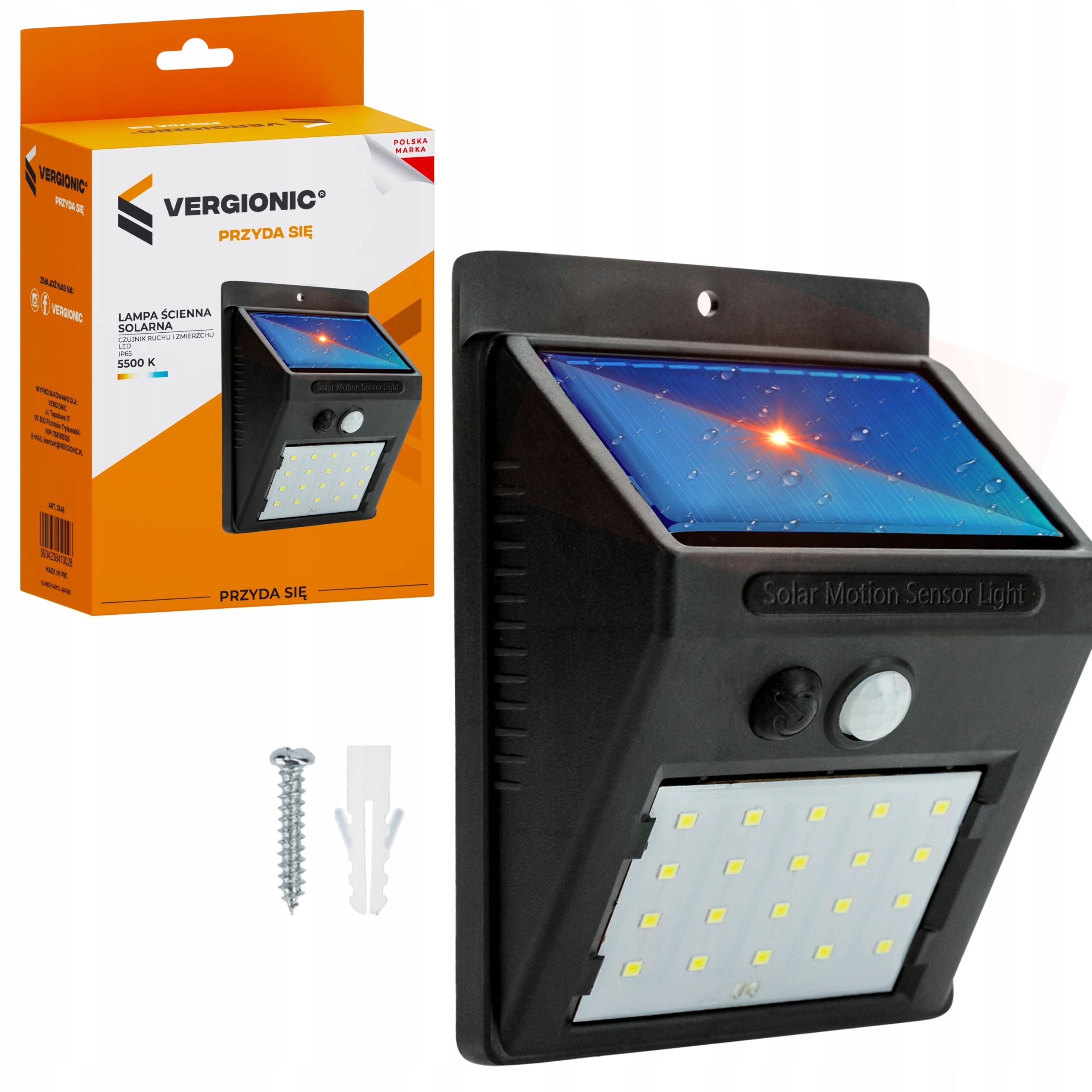 Solárna LED nástenná lampa 3W 200lm studená biela, IP65 so senzorom pohybu a súmraku