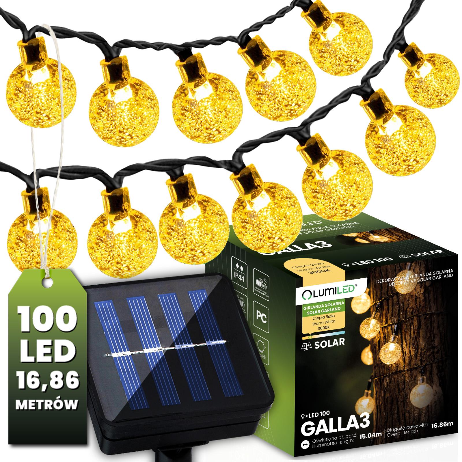 Solárna záhradná girlanda 100x LED okrasné gule 16,86 m 3000K
