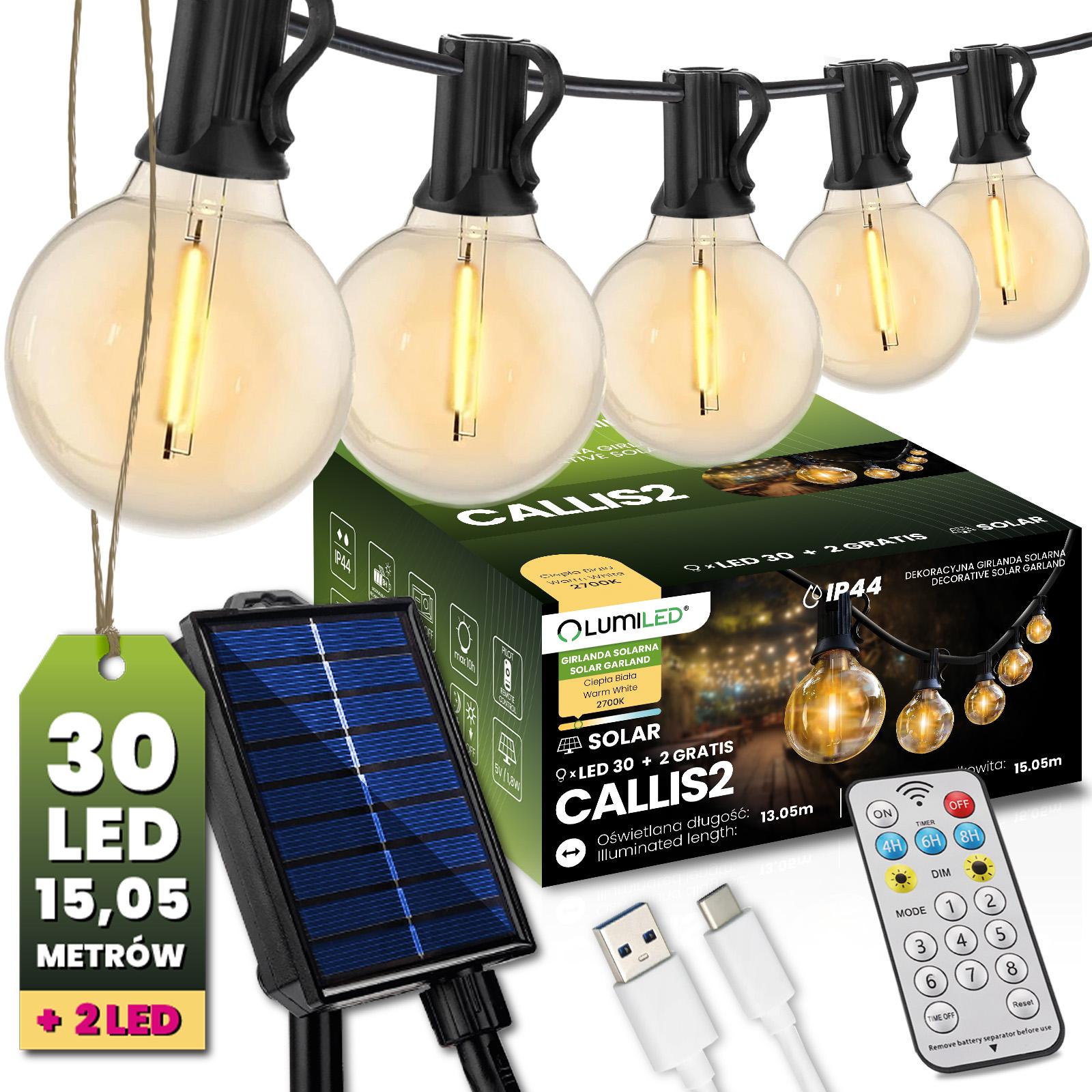 Solárna záhradná girlanda 30x LED - 15,05 m, teplá biela + DO
