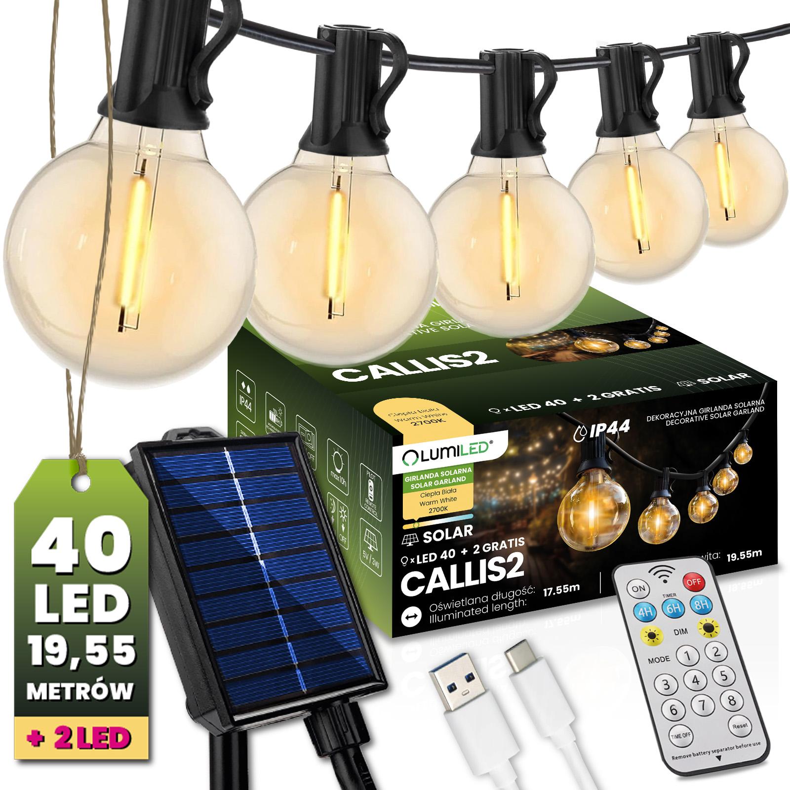 Solárna záhradná girlanda 40x LED –19,55 m, 2700K + DO