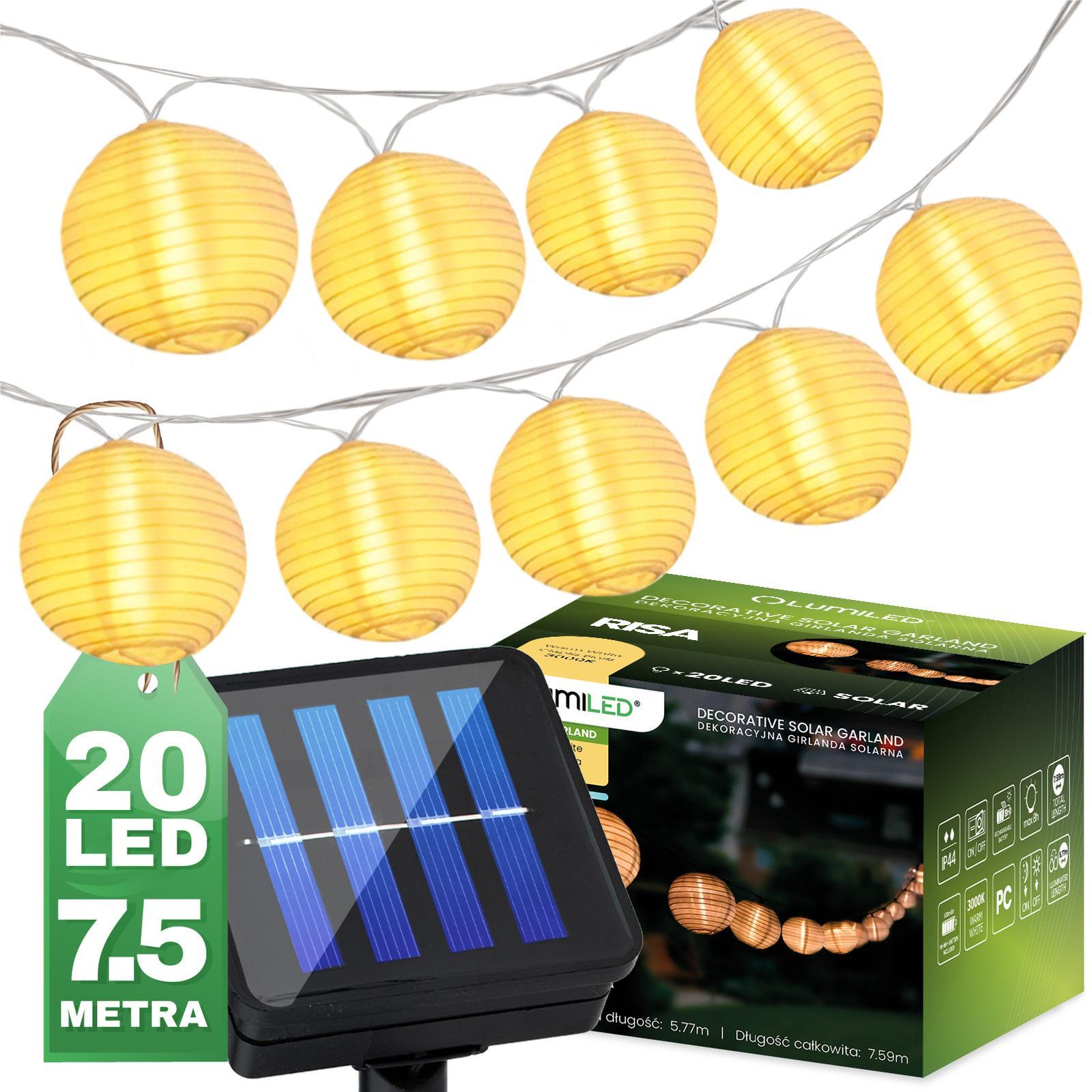 Solárna záhradná girlanda 20x LED dekoratívne lucerny 7,59 m – 3000K