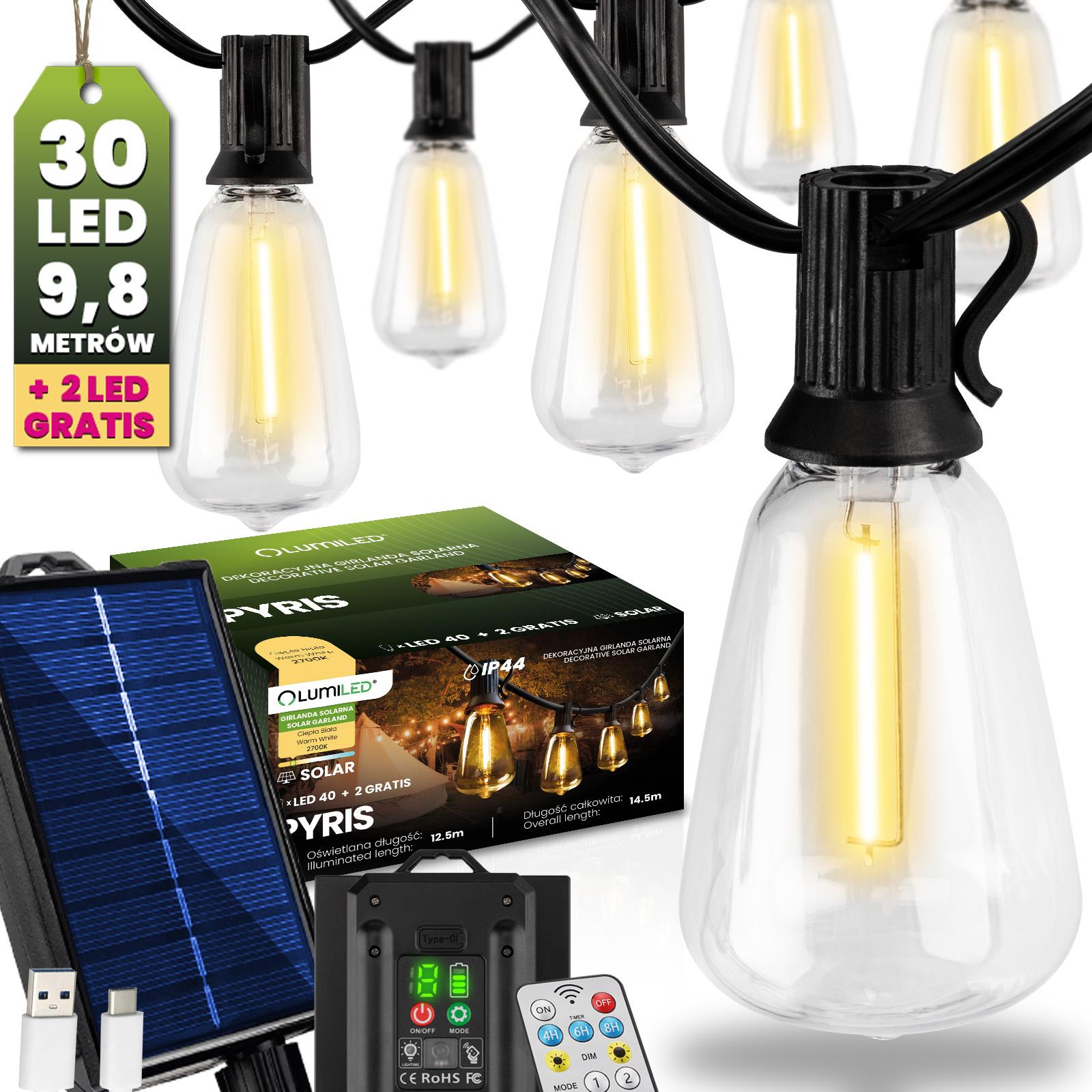Solárna záhradná girlanda 30x LED dekoratívne žiarovky 9,8 m 2700K + DO