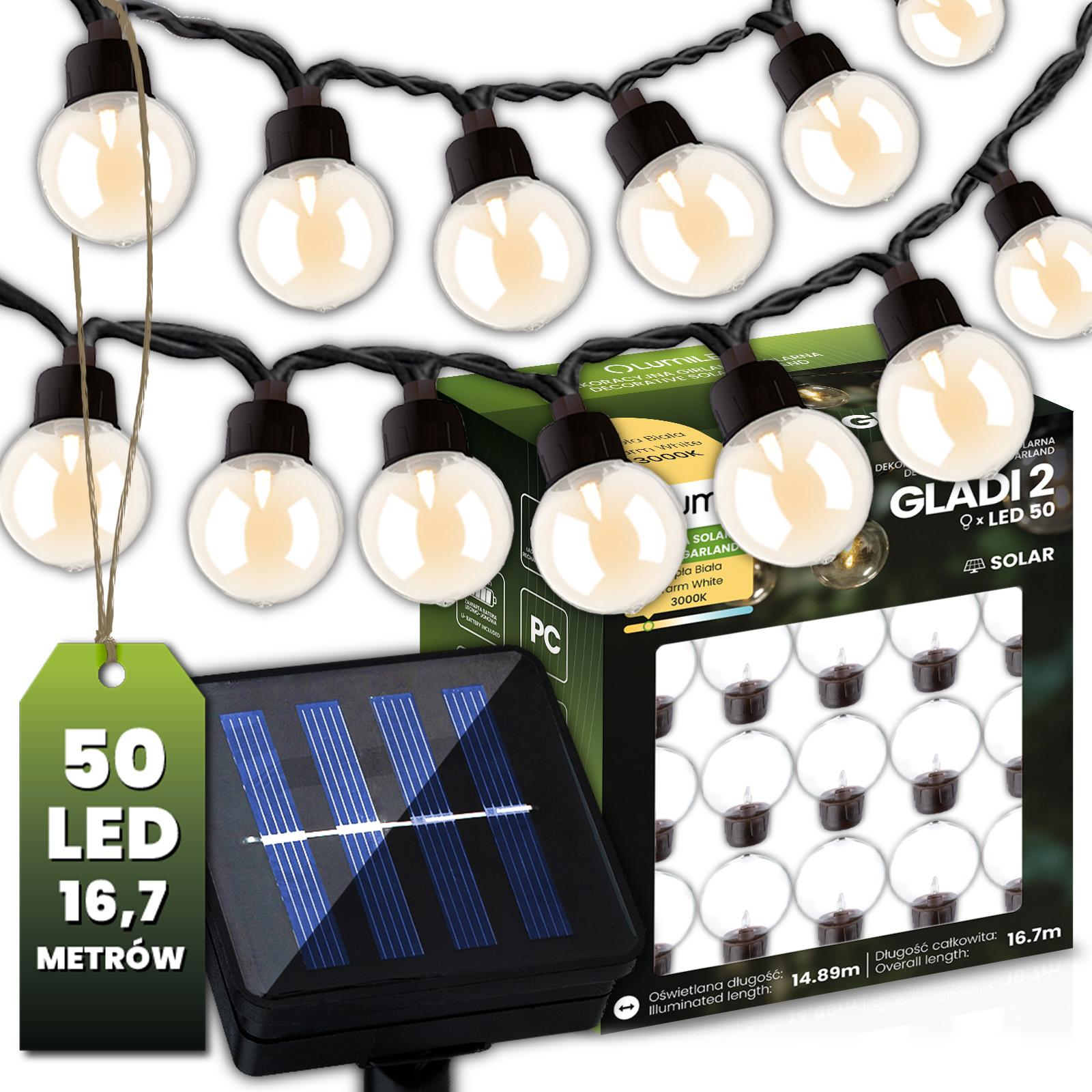 Solárna záhradná girlanda 50x LED okrasné gule 16,7 m teplé