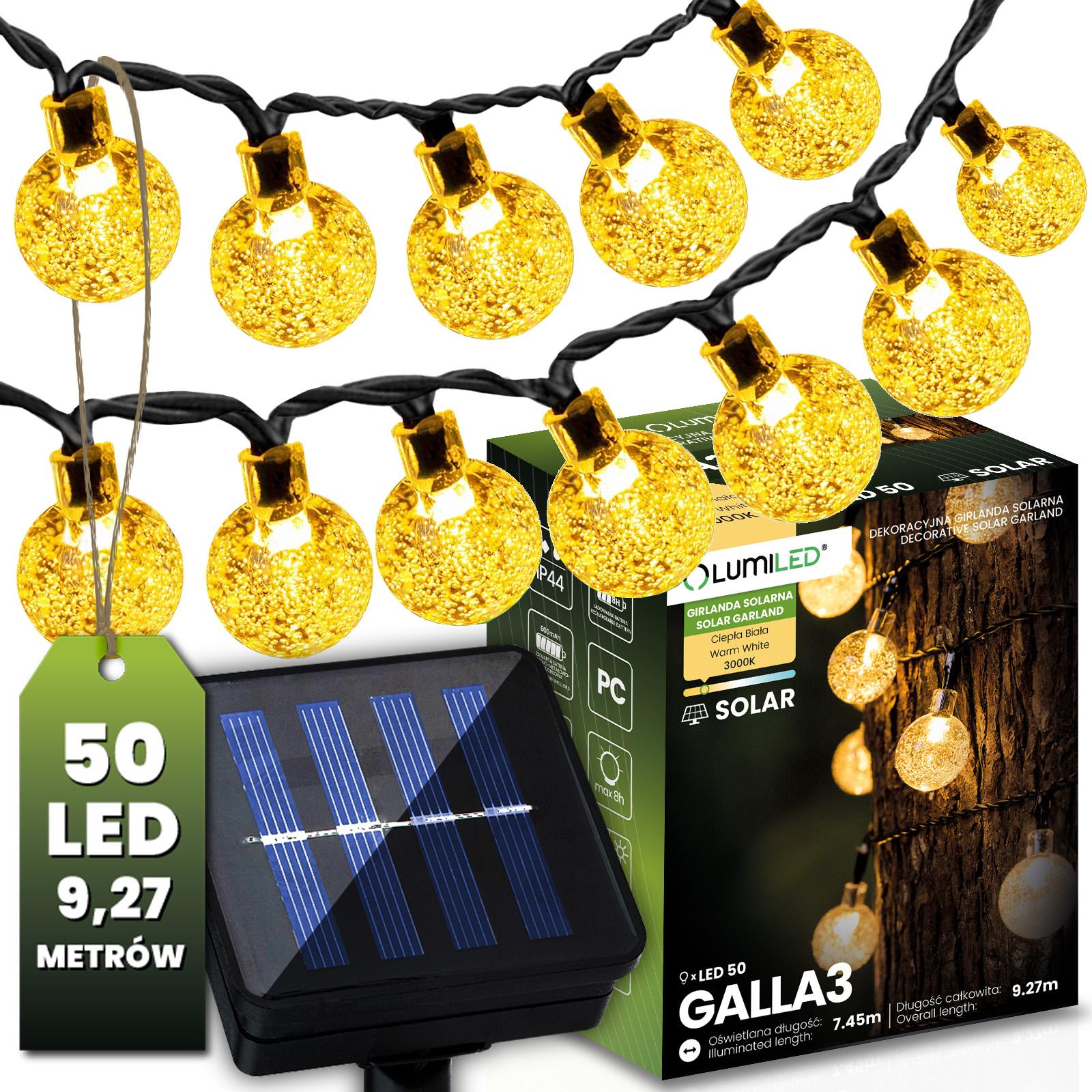 Solárna záhradná girlanda 50x LED okrasné gule 9,27 m 3000K teplá