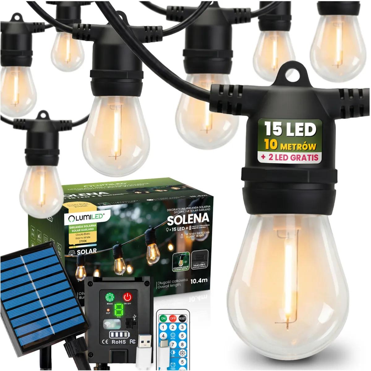 SOLÁRNA ZÁHRADNÁ LED GIRLANDA  15 LED, 10,4 M, 2700 K, DIAĽKOVÉ OVLÁDANIE