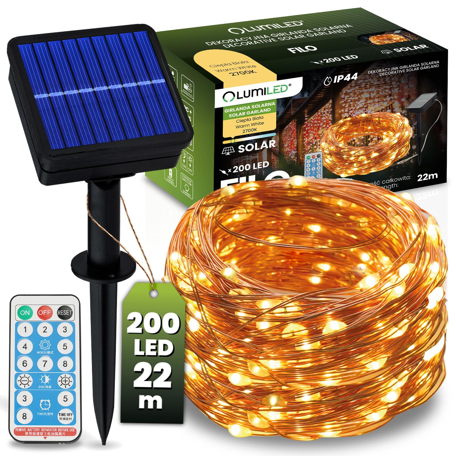 Solárne záhradné girlandy 200x LED dekoratívne drôty 22m 3000K + DO