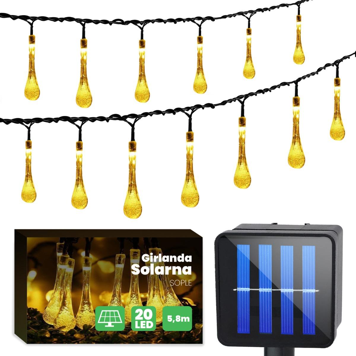 Solárny závesný veniec 20 LED slzičiek záhradná lampa 580 cm sople teplá farba