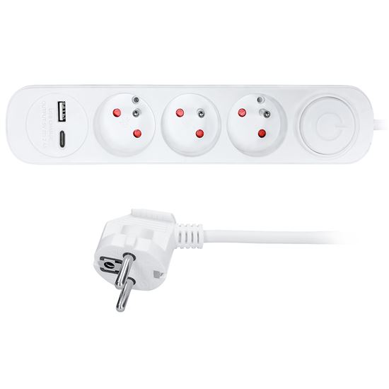 Solight 3z Predlžovací prívod s USB A+C nabíjačkou 2,4A, 2m, 3 x 1mm2, biely, vypínač