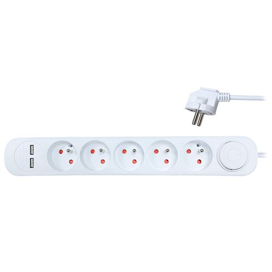 Solight predlžovací prívod, 5 zásuviek, USB 2.4A, biely, 3 x 1mm2, vypínač, 2m