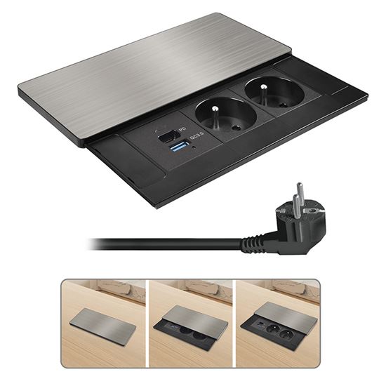 Solight vstavaný blok zásuviek s posuvným krytom, 2× 230V + USB A+C 65W PD, 2 m, strieborný