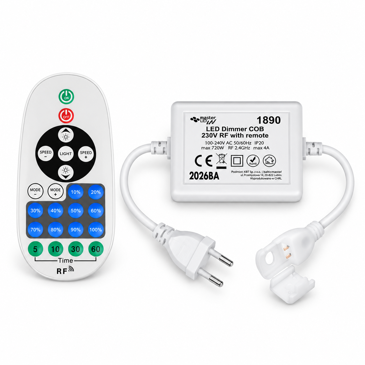 Stmievač COB LED pásov 230V RF 720W s diaľkovým ovládaním IP20