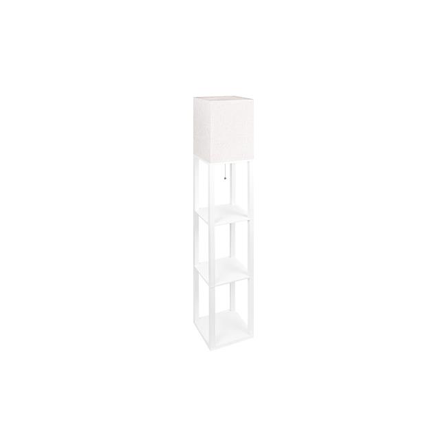 Stojaca lampa Ganto 160 cm s policami a tienidlom – biela + ratan, 1xE27