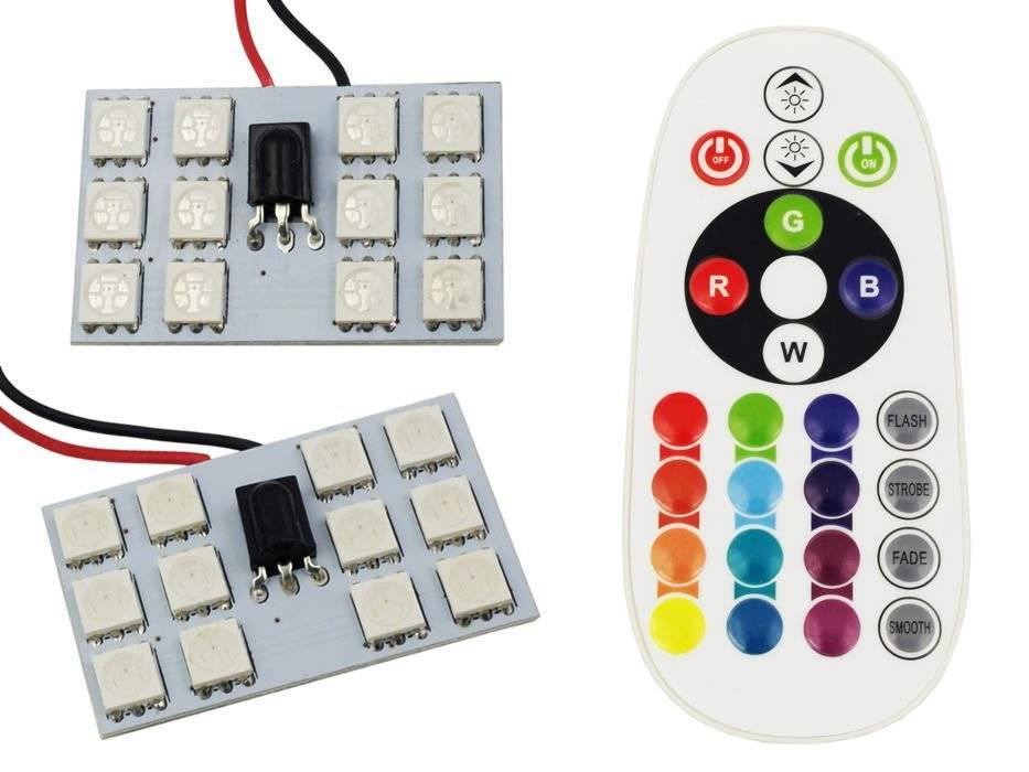 SÚPRAVA RGB LED PANELOV 12 SMD 5050 RGB DIAĽKOVÉ OVLÁDANIE ADAPTÉRY C5W A W5W