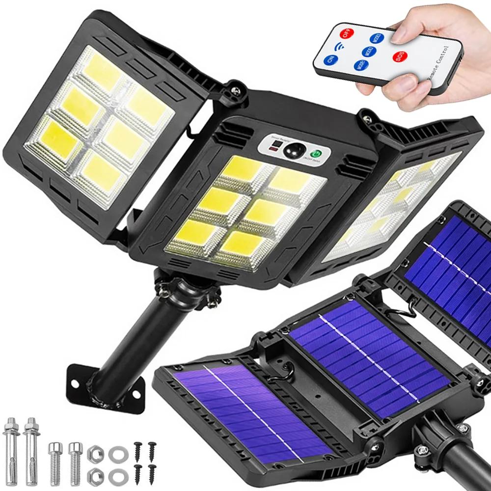 ZÁHRADNÉ LED SOLÁRNE SVIETIDLO S POHYBOVÝM A SÚMRAKOVÝM SENZOROM IP65 | 3 NASTAVITEĽNÉ PANELY | 360 COB LED | IR DIAĽKOVÉ OVLÁDANIE